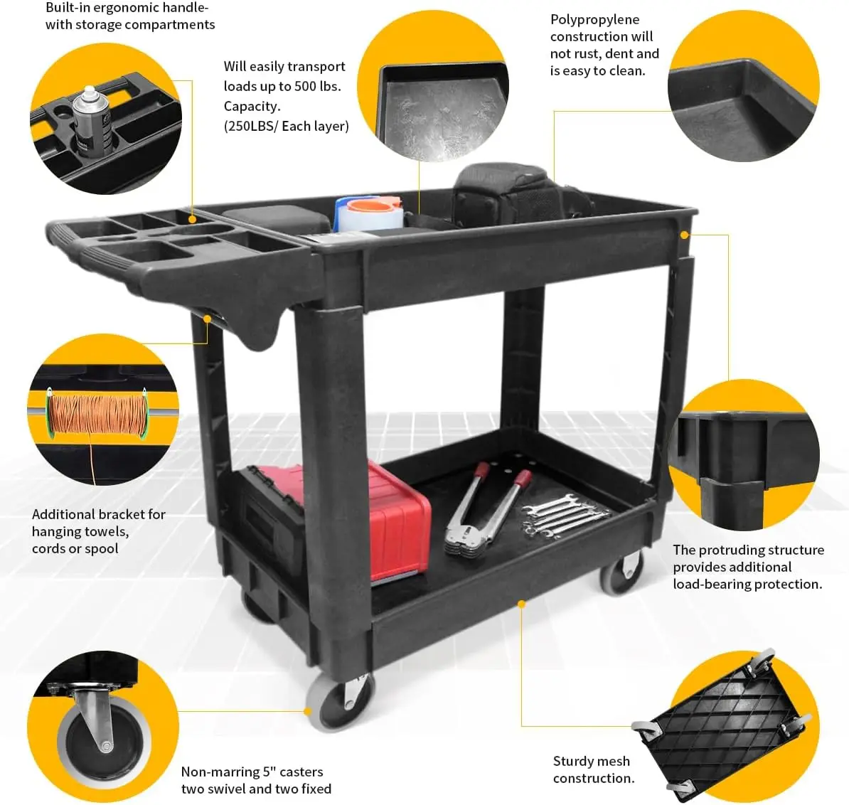 USA 80855 500-lb Utility Service PP Cart With Two Trays and Wheels 40 inch x 17 inch Overall Dimensions