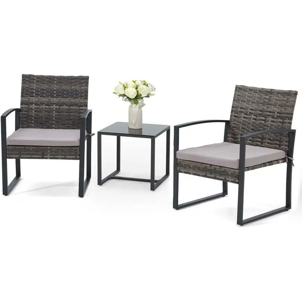 

3-Piece Outdoor Patio Bistro Set with Rattan Furniture, Steel Frame, and Cushioned Seats for Garden, Balcony, Poolside, Backyard