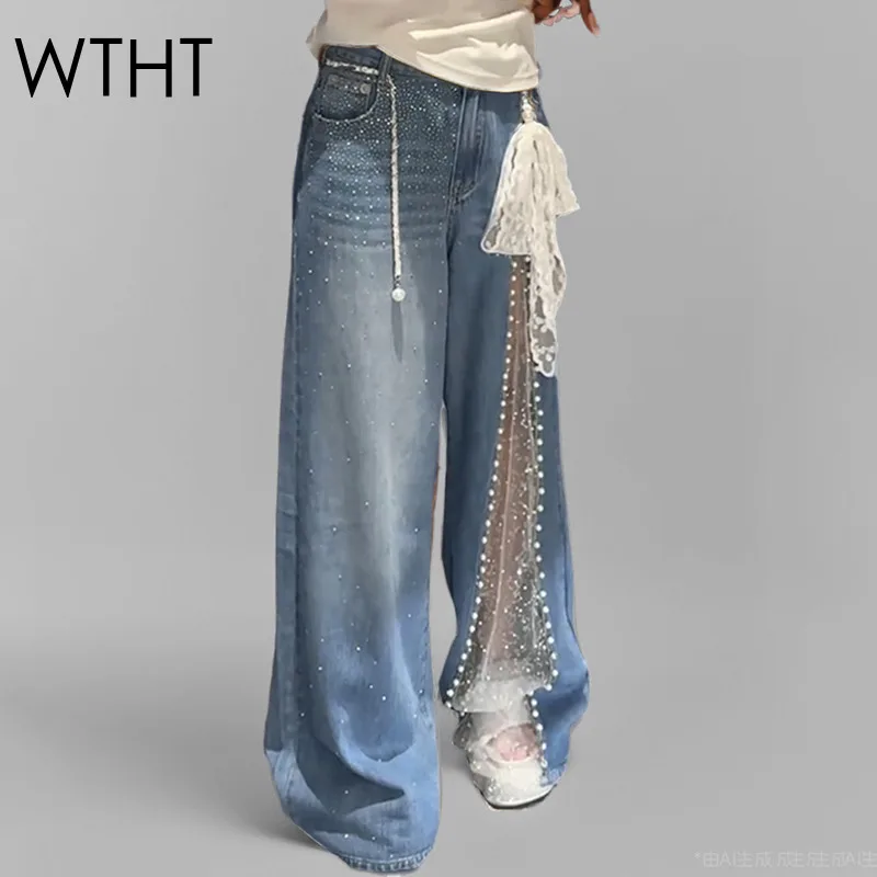 

WTHT Fashion Trendy Women's Spliced Mesh Pearl Straight Jeans 2025 Summer New High Waist Belt Design Denim Pants Female 1LS2114