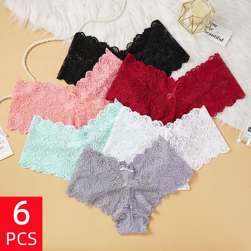6PCS Women's Sexy Lace Underwear Sheer Seductive Hollow Out T-Pants Comfortable Low-Waist Bowknot Panties Lingerie