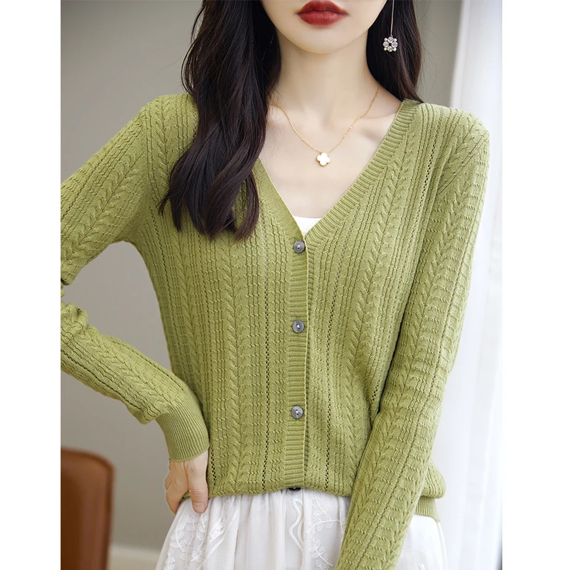 100% Cotton Spring/Summer Hollow v Neck Long Sleeved Sun Proof Air-Conditioned Shirt, Comfortable Fashionable Cardigan