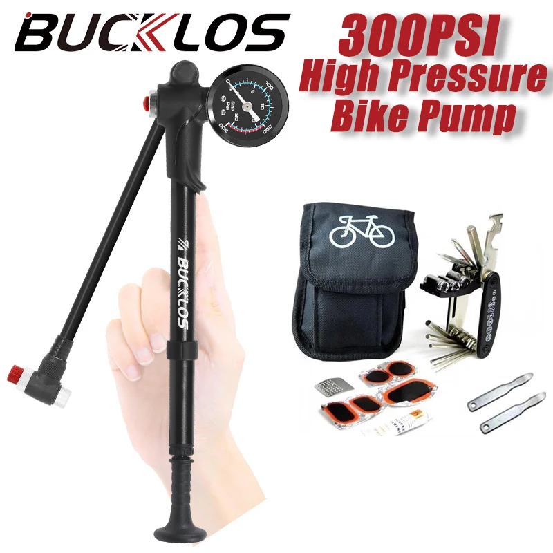 

BUCKLOS 300PSI Bicycle Pump with Bicycle Tire Repair Tool High Pressure Bike Front Fork Pump Portable Schrader Valve Inflator