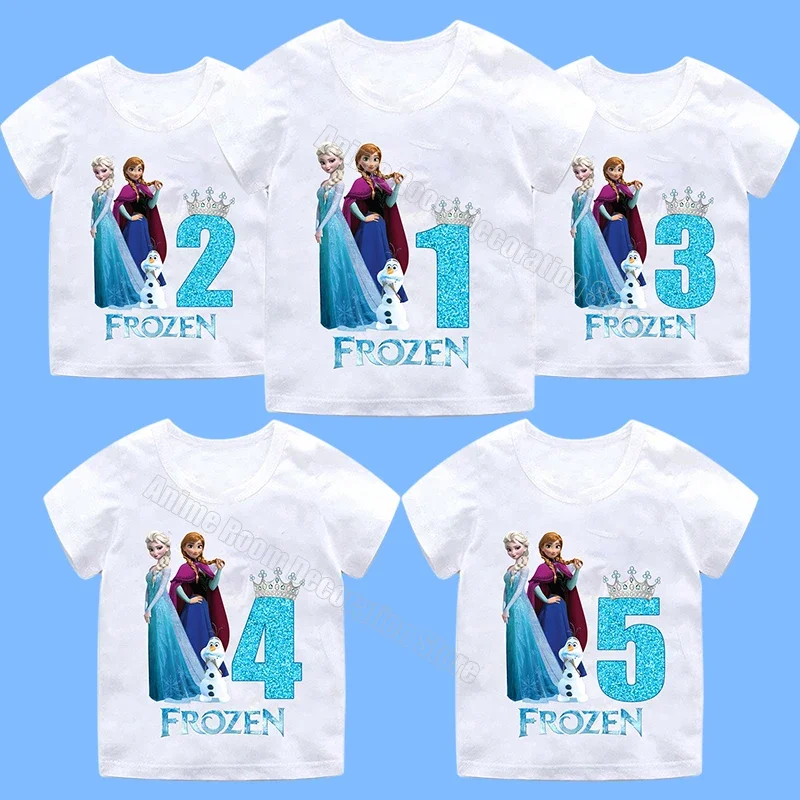 T-shirt Disney Frozen Princess per ragazza Compleanno Numero Tee Anna Elsa Cartoon Top in cotone Baby Shower Bomboniere Abiti estivi Regalo