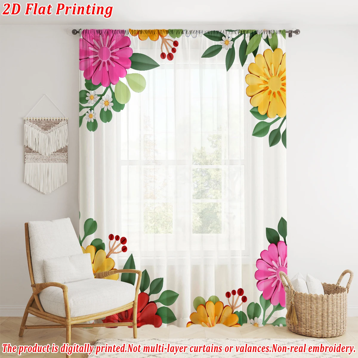 ستارة شفافة بطباعة مسطحة على شكل زهور ملونة، قماش خفيف، لغرفة المعيشة وغرفة النوم وديكور المنزل والنافذة