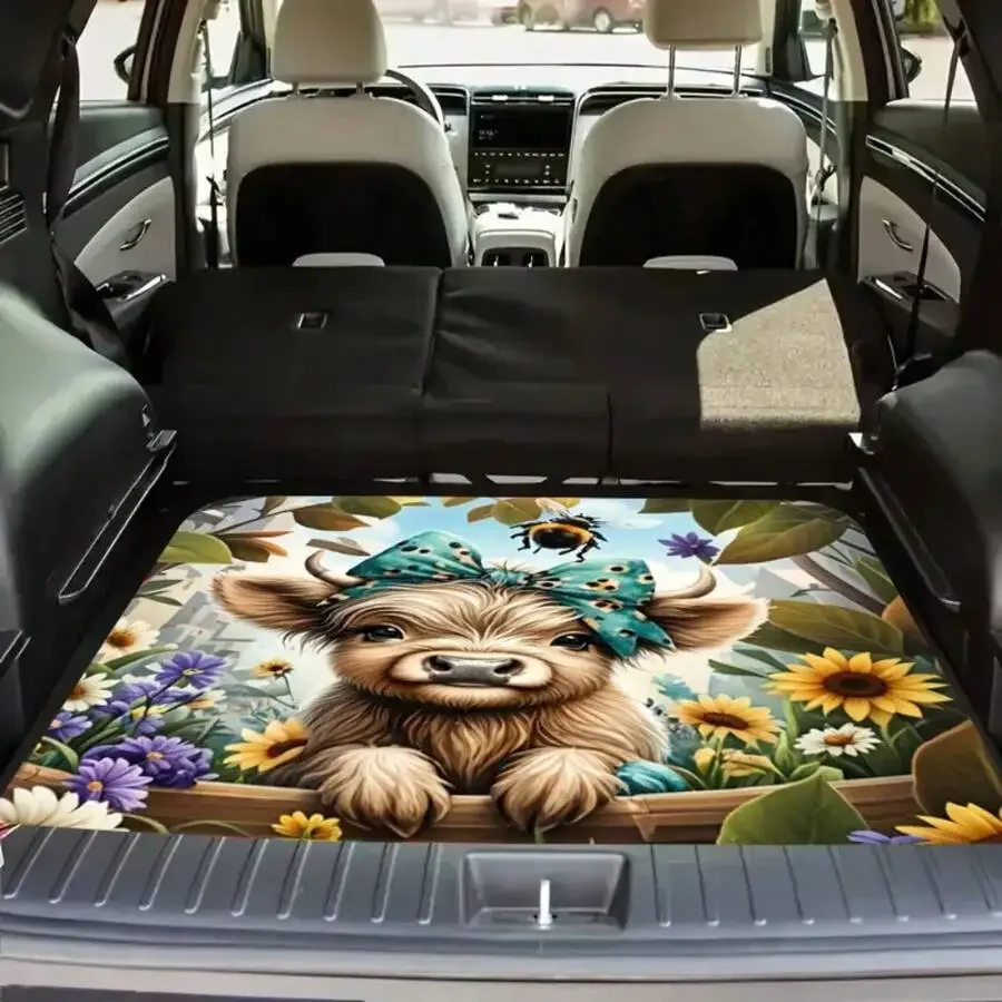 1pc Highland Cow Floral Car Trunk Mat - Durable Polyester Cargo Mat With A Vibrant Pastoral Design, Suitable For All Vehicles,