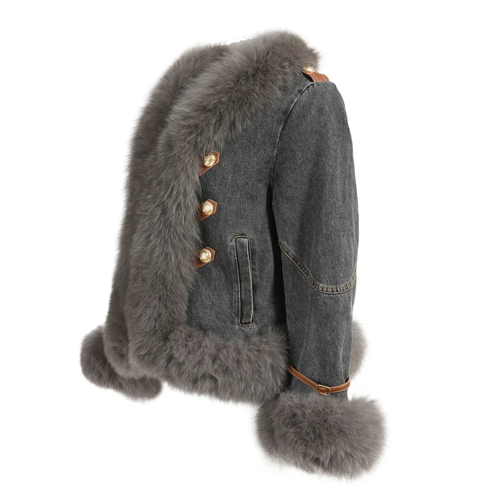 Wholesale Popular Regular Length Denim Coat With Real Fox Fur Fashion Button Design Winter Women Denim Jacket