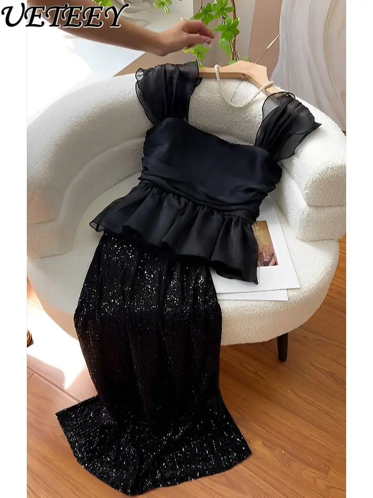 Temperament Goddess Style Black Tops Sleeveless Shirt and Sequins Long Skirt Black Two-Piece Suit for Women Summer Outfits