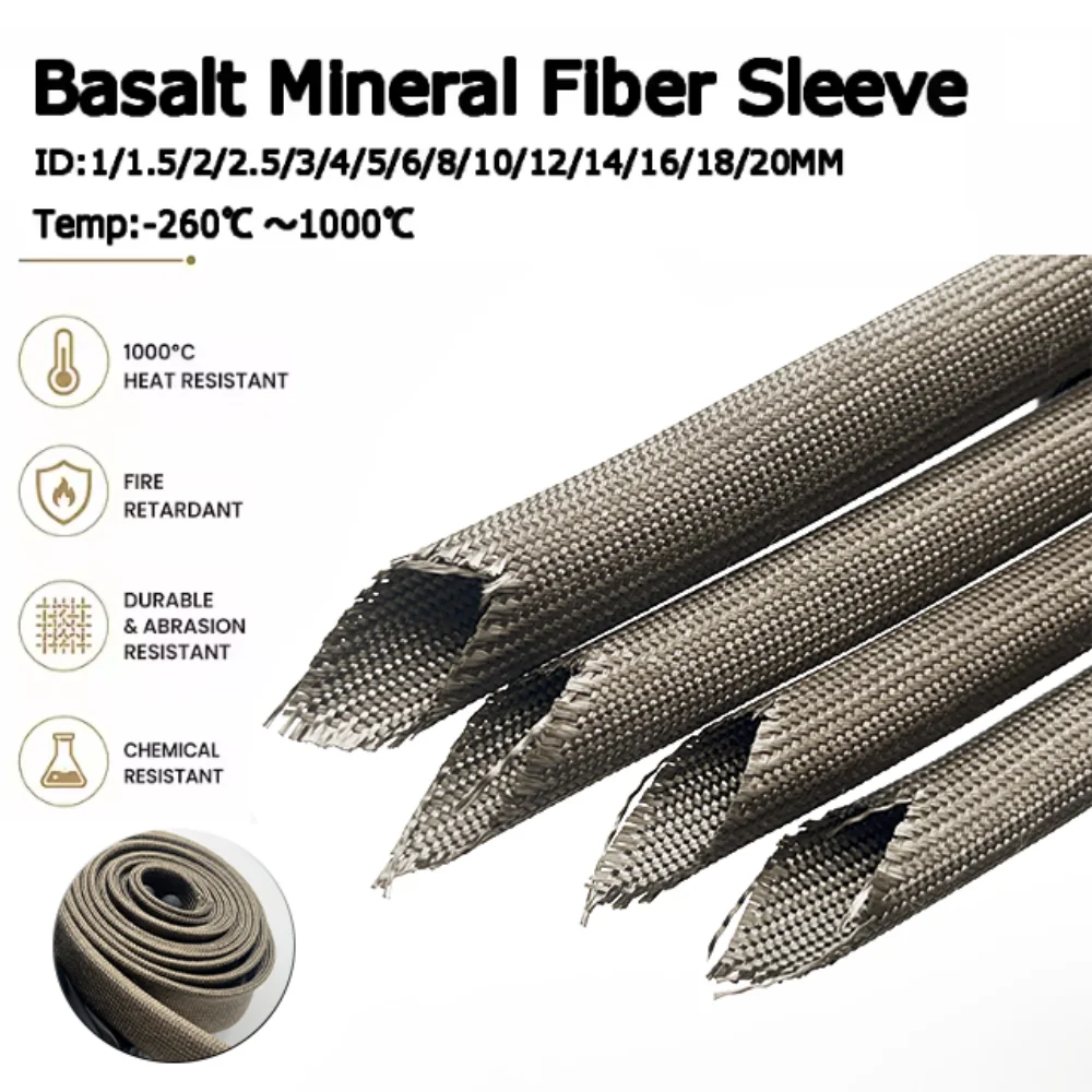 1000Deg.C Basalt Fiber Sleeve ID 1~20mm High-Temperature Sleeve  Mineral Fiber Braided Network Tube Fireproof Sleeve1/2/3/5/10M