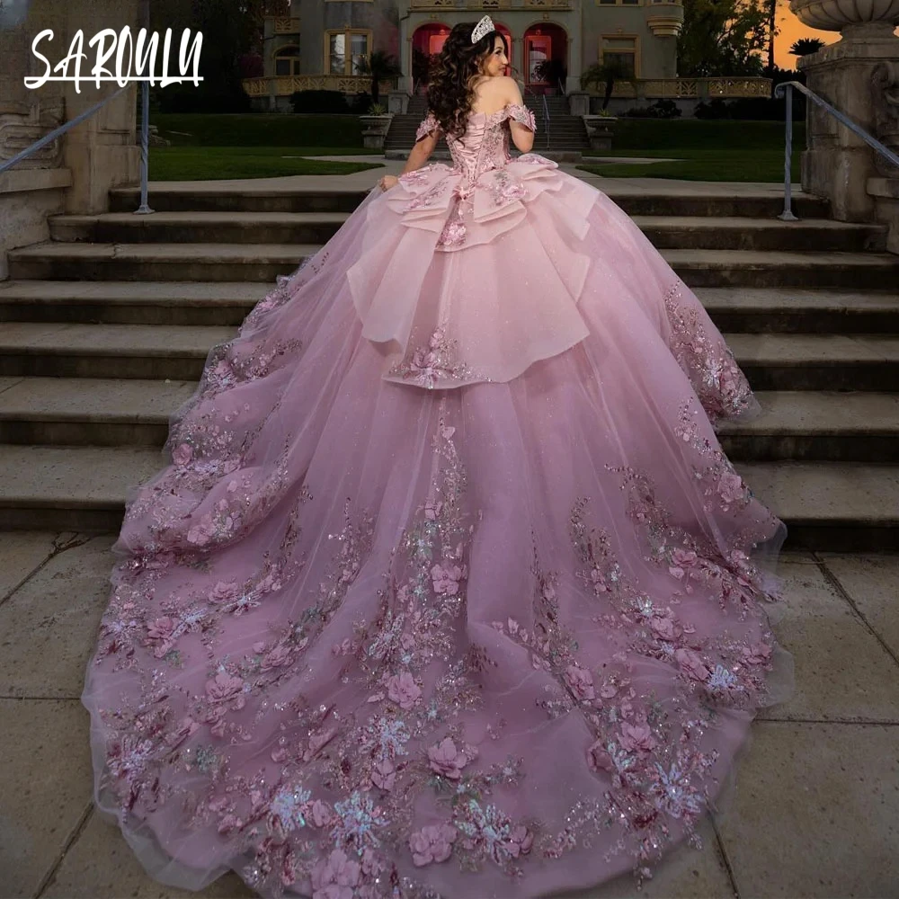 Shiny 3D Floral Appliques 2025 Quinceanera Dress Fairy Ball Gown Birthday Sweetheart Neck Customized Dresses Vestidos De Novia