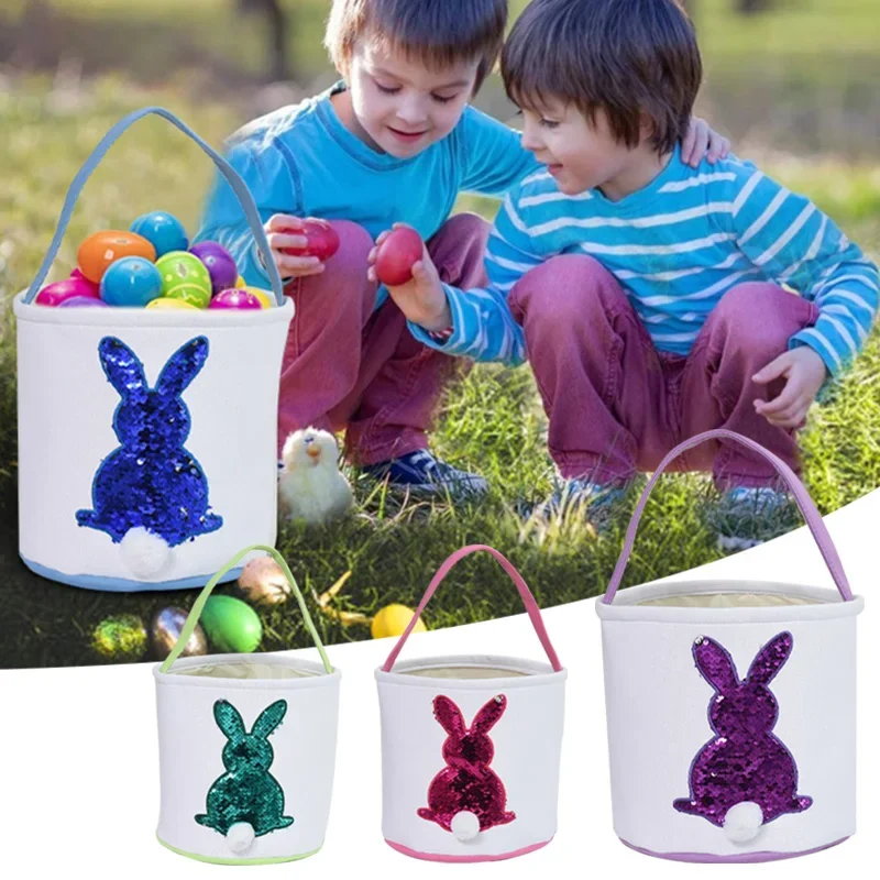 Easter Canvas Bucket Easter Handmade Color Egg Bag Bunny Sequins Tote Candy Bag Happy Party Supplies Home Decoration Kids Gift