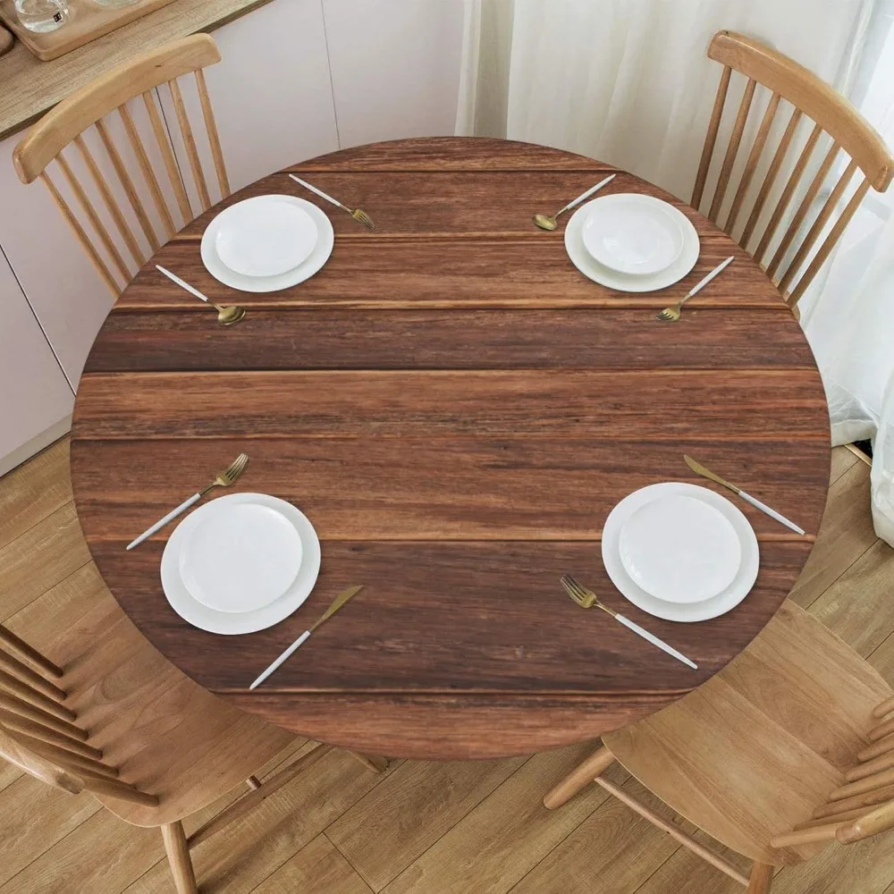 Round Table Cloth Dark Wood Grain Tablecloth Elastic Edge Fitted Table Cover Fits Tables Up to 45