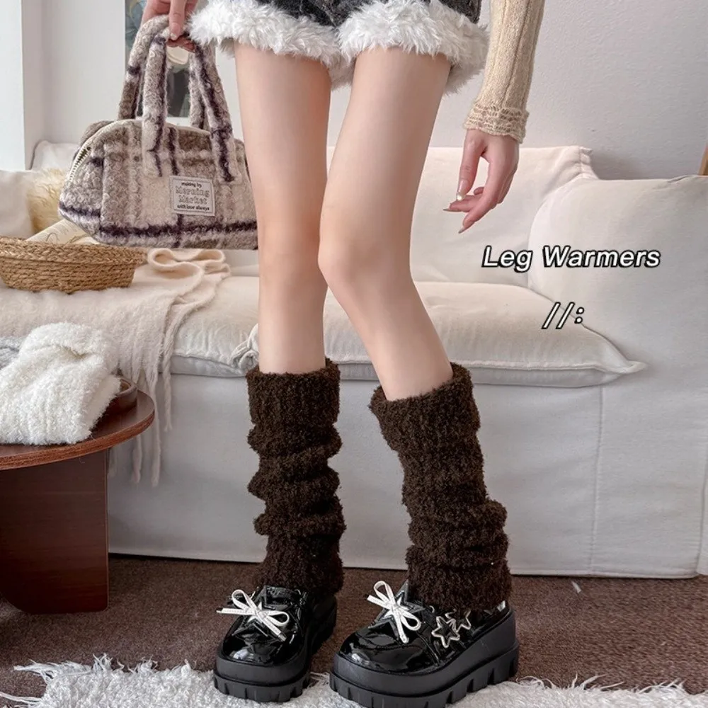 Thick Warm Knitted Leg Warmers Turn-Cuff Design Fleece Lining Fuzzy Leg Warmers Stretchy Fabric Knitted Texture Calf Leg Socks