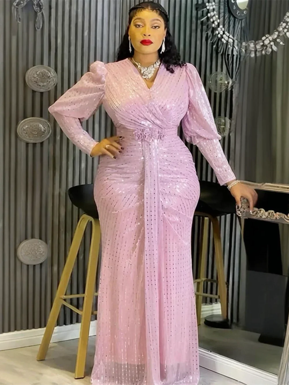 

2026 Большие размеры, длинные платья для африканских вечеринок для женщин, розовый халат с блестками Дашики, элегантные наряды, мусульманское свадебное вечернее платье