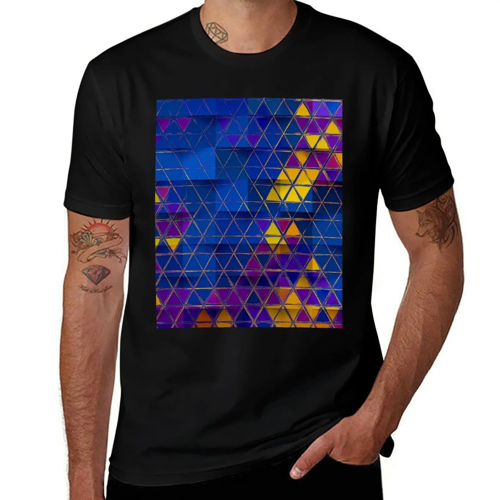 Crazy Mosaic Triangles in Blue and Yellow T-Shirt Halloween Casual T-Shirt