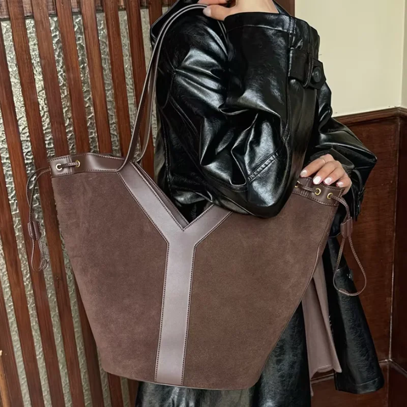 

Genuine Leather Commuter Tote Bag Simple Ladies Suede Soft Cowhide Tote Shoulder Handbag Large Capacity Women Y Shape Bucket Bag