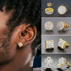 HipHop Hippie Men's Ice Studded Zircon Iced Out Stud Piercing Earring For Men Gold Color Male Ear Accessories Hiphop JewelryGift