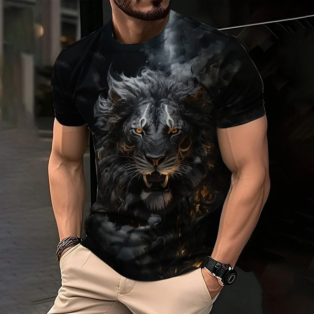 موضة الأسد الجرافيك ملابس للرجال بأكمام قصيرة 2025 الصيف س الرقبة الحيوان ثلاثية الأبعاد تي شيرت مطبوع حجم كبير تنفس العضلات تي شيرت #2