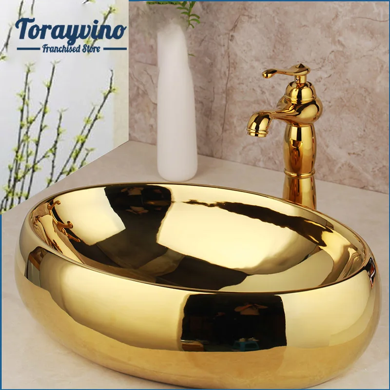 Torayvino Solid Brass Bathroom Golden Luxury Ceramic Lavatory Bathroom Tap Washbasin Basin Sink Set Bath Combine Mixer Faucet