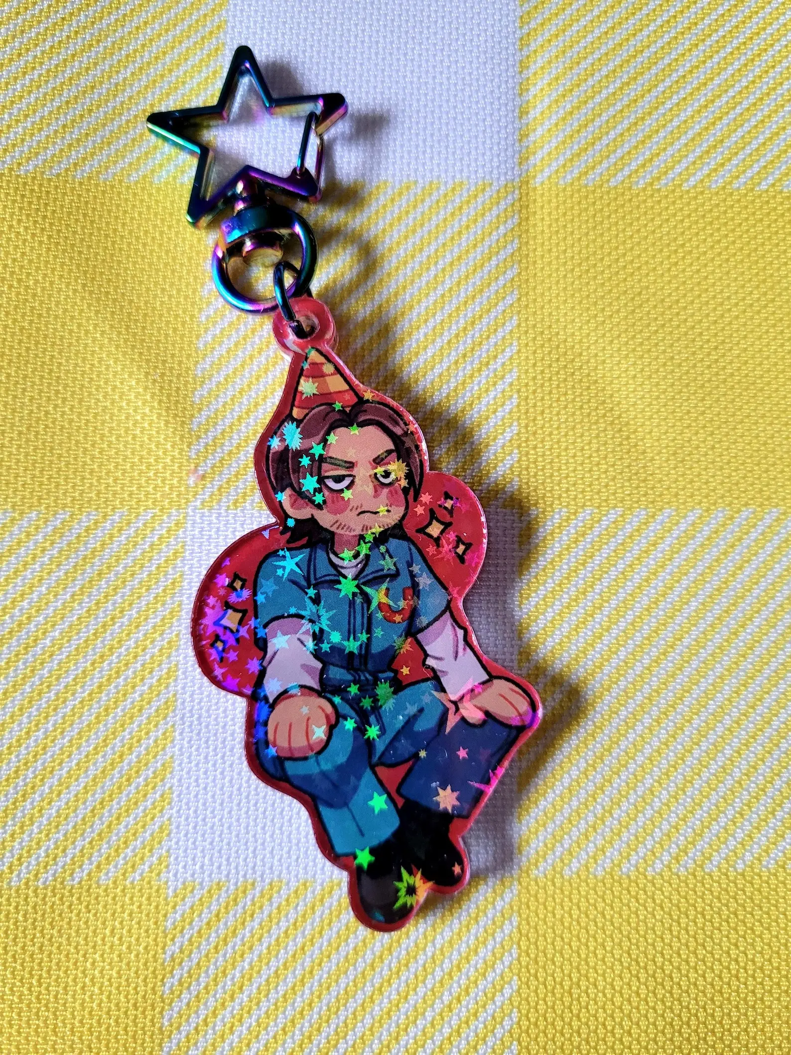 MW keychains,  2 inch acrylic charms with star clasp and holographic stars