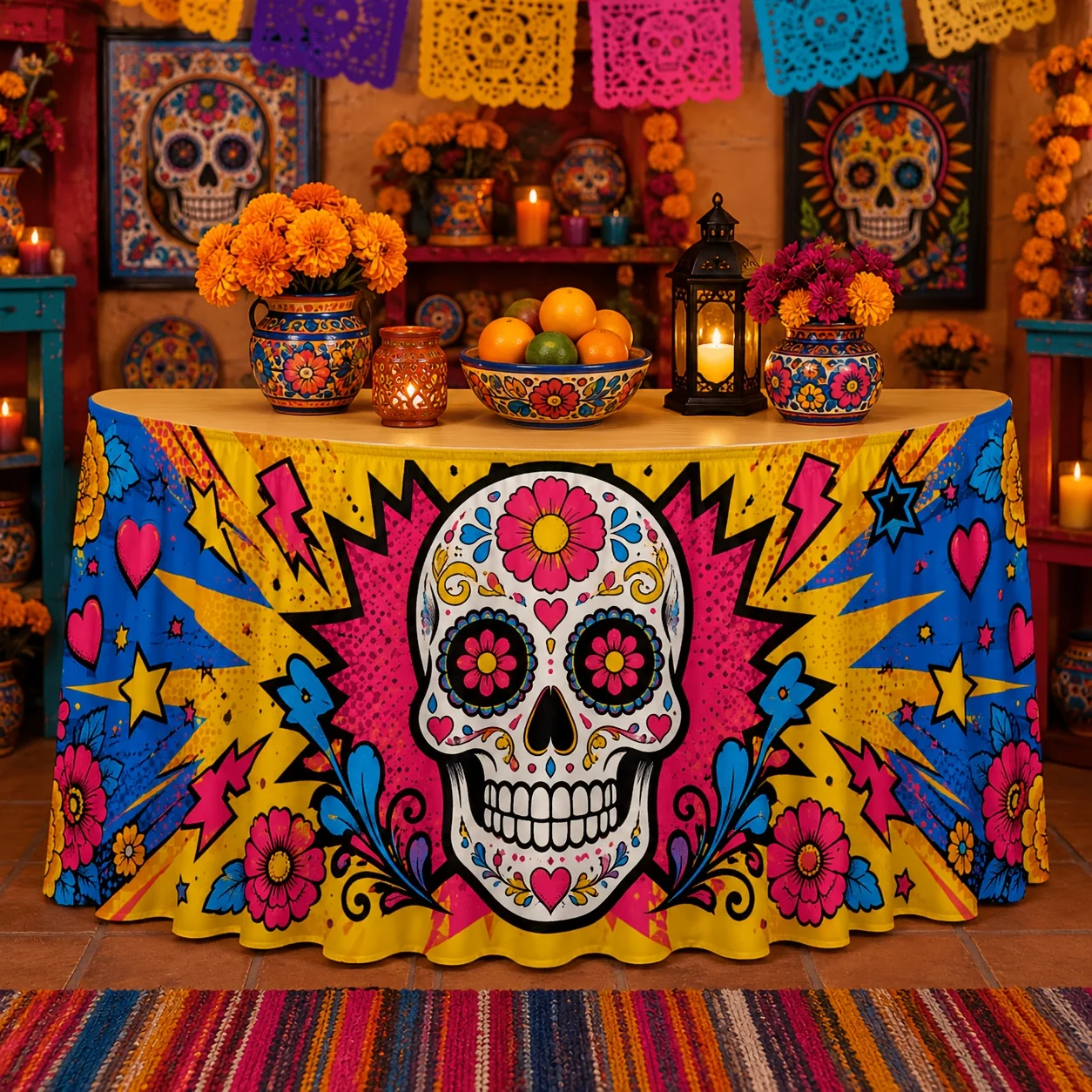 1 tablecloth table skirt, polyester colored sugar skull flower love lightning star pop art print decoration