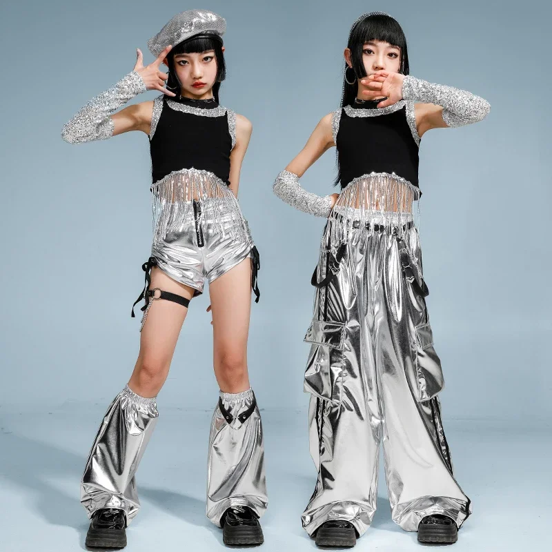 Hip Hop Mädchen Pailletten Quasten Silber Shorts Street Dance Hosen Kinder K-pop Streetwear Kinder Jazz Crop Top Kleidung Set kostüm