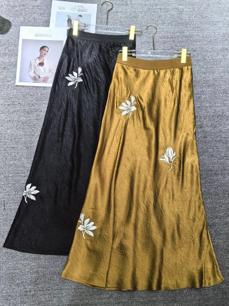 Acetate Magnolia Embroidered Fishtail Halter Dress Niche Design Luxury Elegant High Long Skirt 2024 Summer New in Woman Clothing