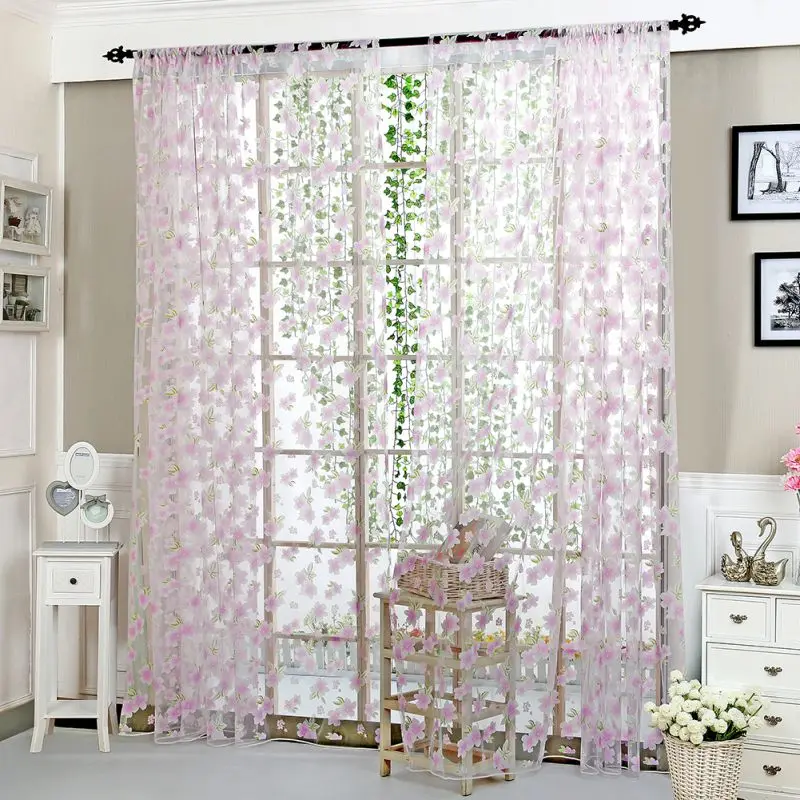 Flower Window Curtain Floral Voile Sheer Curtain Tulle Room Sheer Gauze Curtain for Living Room, Bedroom, Balcony - Rod Pocket