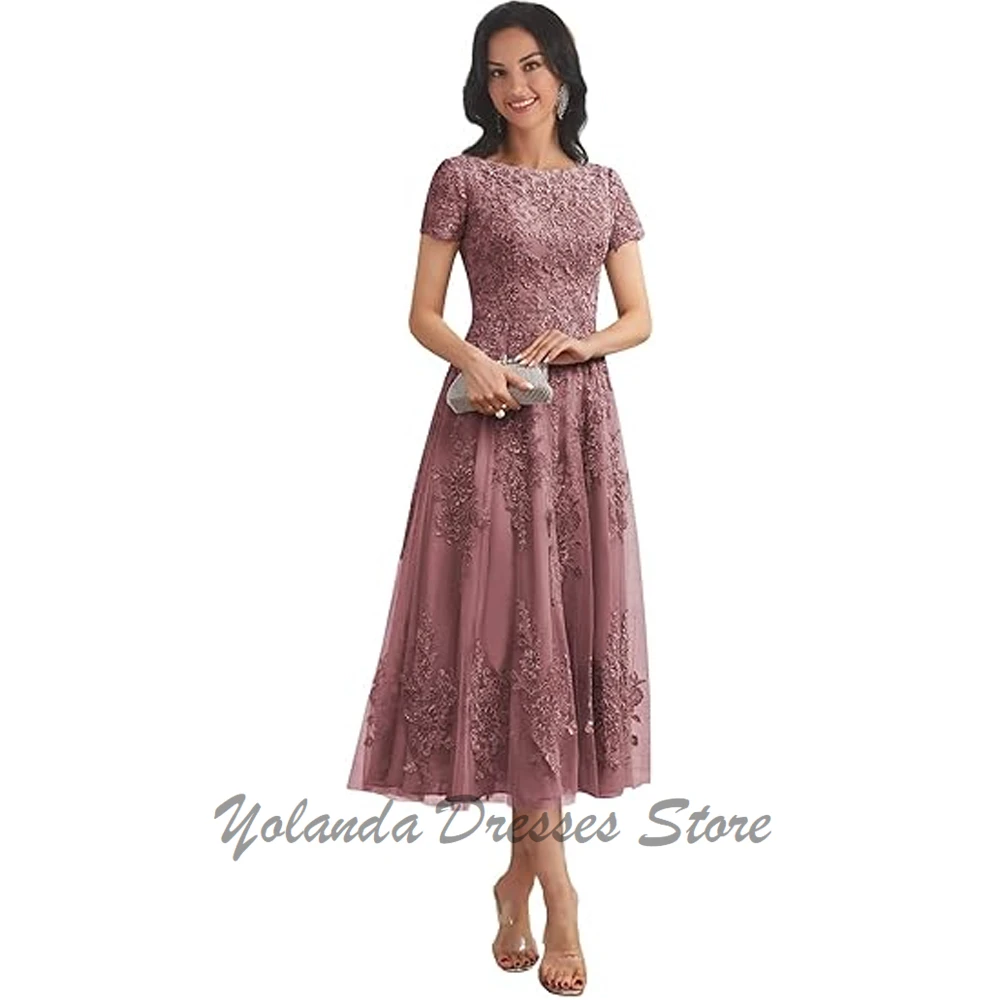 

Fashion O Neck Mother of The Bride Dresses Short Sleeves Formal Dress Chiffon Tea Length Appliques Lace Evening Gown Lace Up