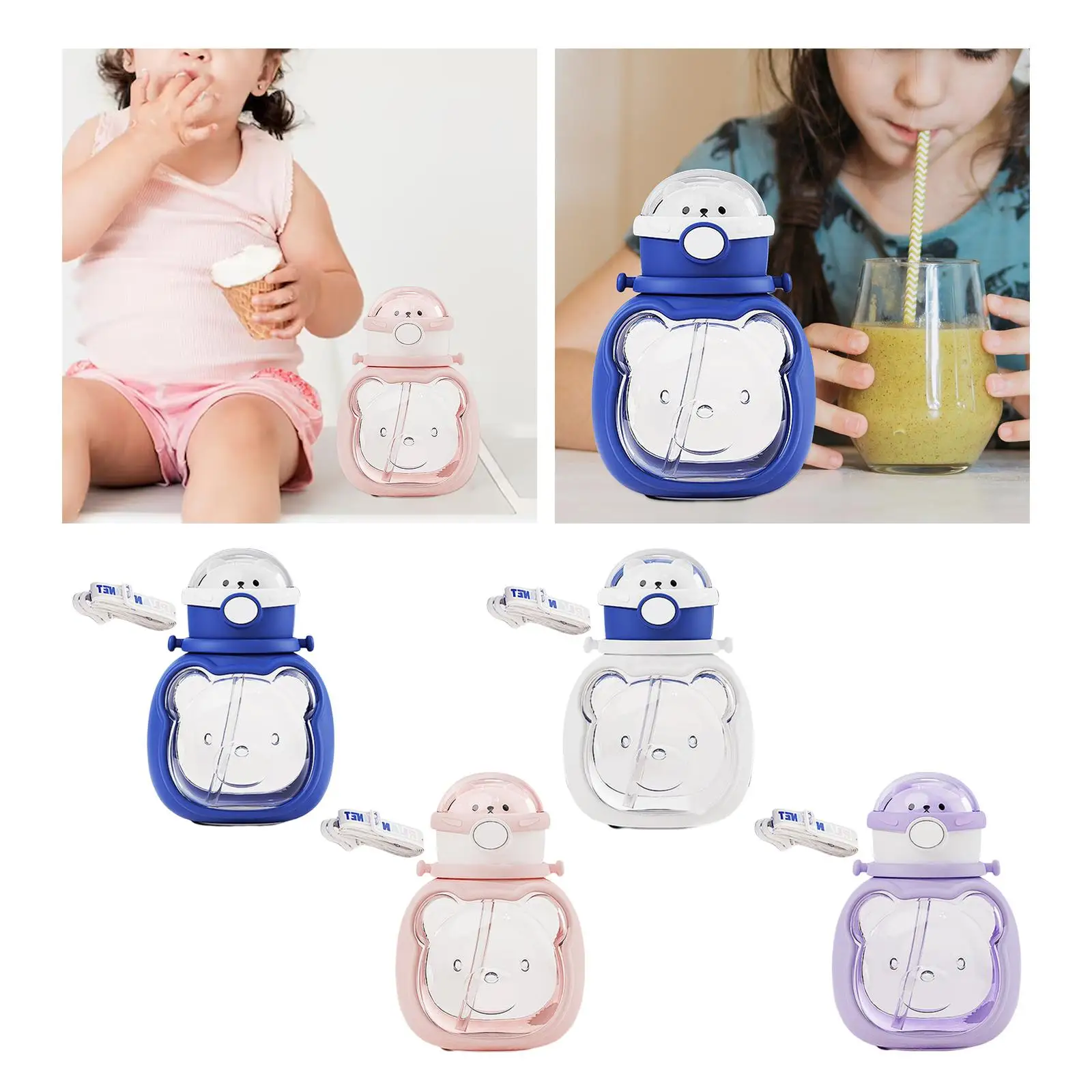 Cute Cartoon Bear Water Bottle with Straw for Girls Women Sports Camping