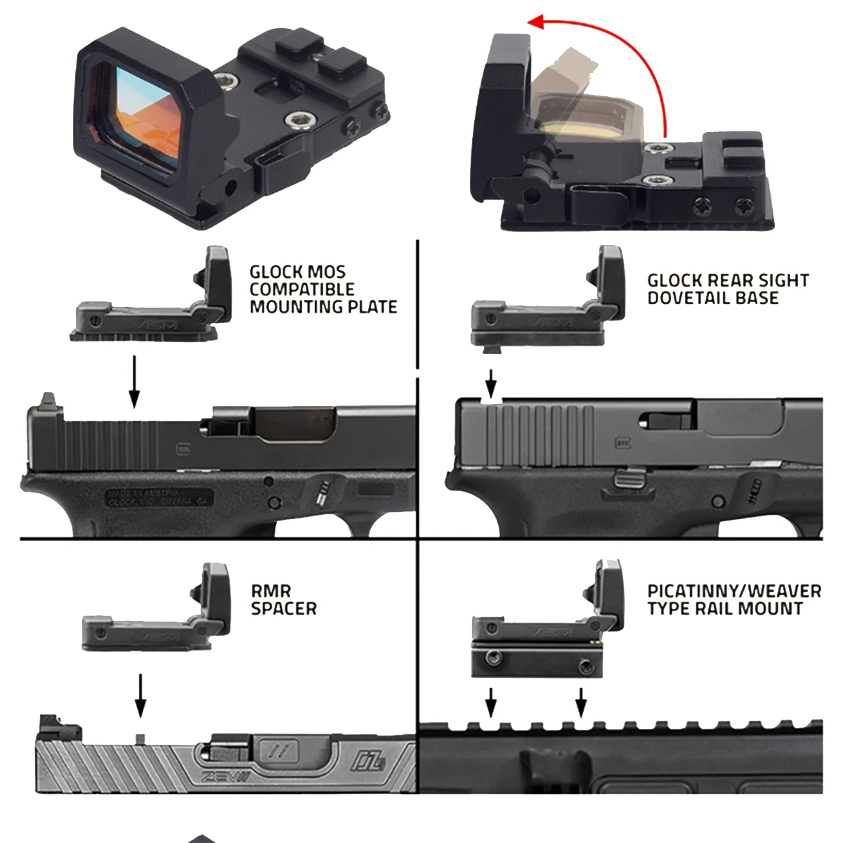 VISM PRO RMR Flip Up 3 MOA Red Green Dot Sight Scope Reflex Optic With Glock 1913 Mount Base For Pistol Handgun Rifle 20mm Rail