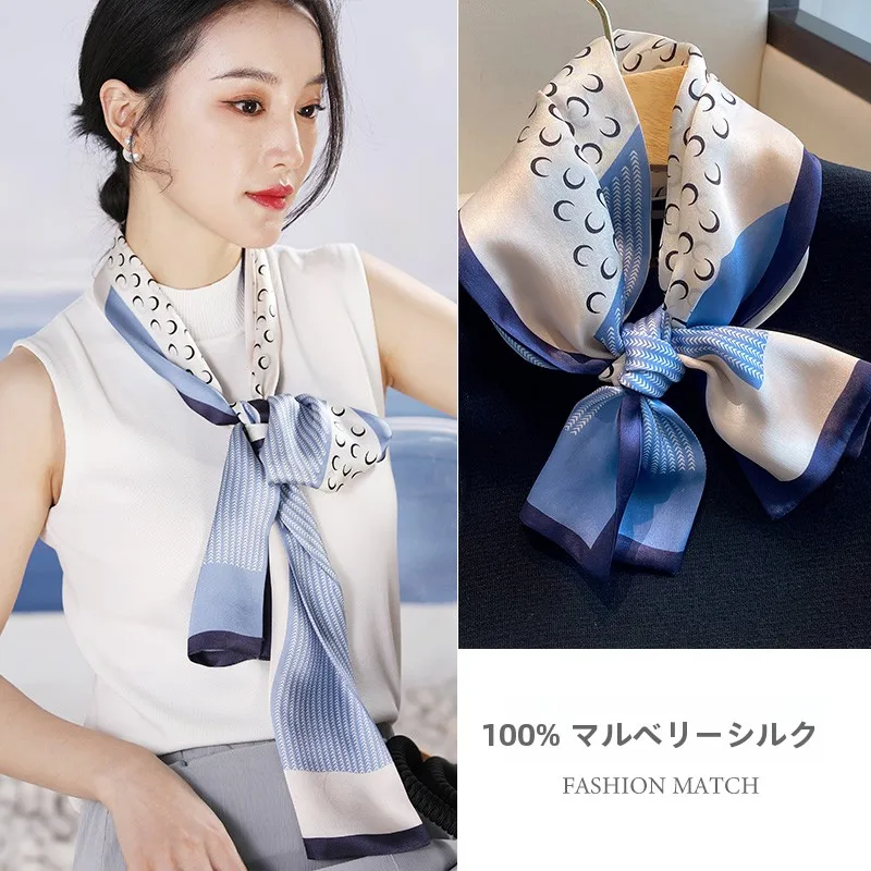 ブルーシルクスカーフ薄い女性用長く細いネックプロテクションスカーフ春秋の季節に合わせてファッショナブルで快適な母親用ネックウォーマー