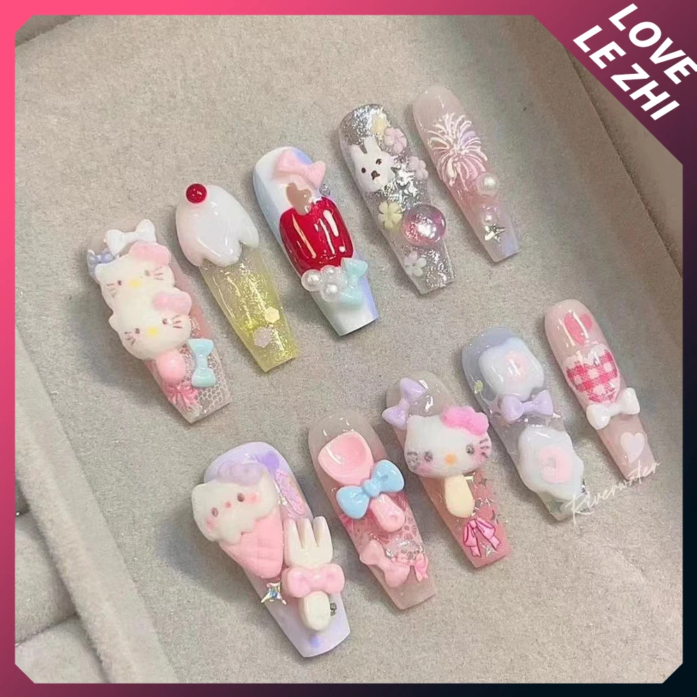 French 10Pcs Hello Kitty Nail Sanrio Cartoon Zoon Kawaii A Young Girl's Heart Repeated Use False Nails Gifts Festival Gifts