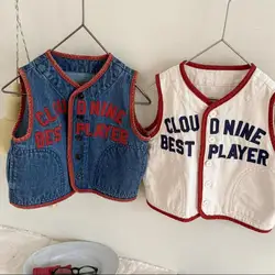 2025 Spring New Children Sleeveless Denim Vest Girls Letter Embroidery Cardigan Coat Boys Casual Vest Jacket Kids Clothes