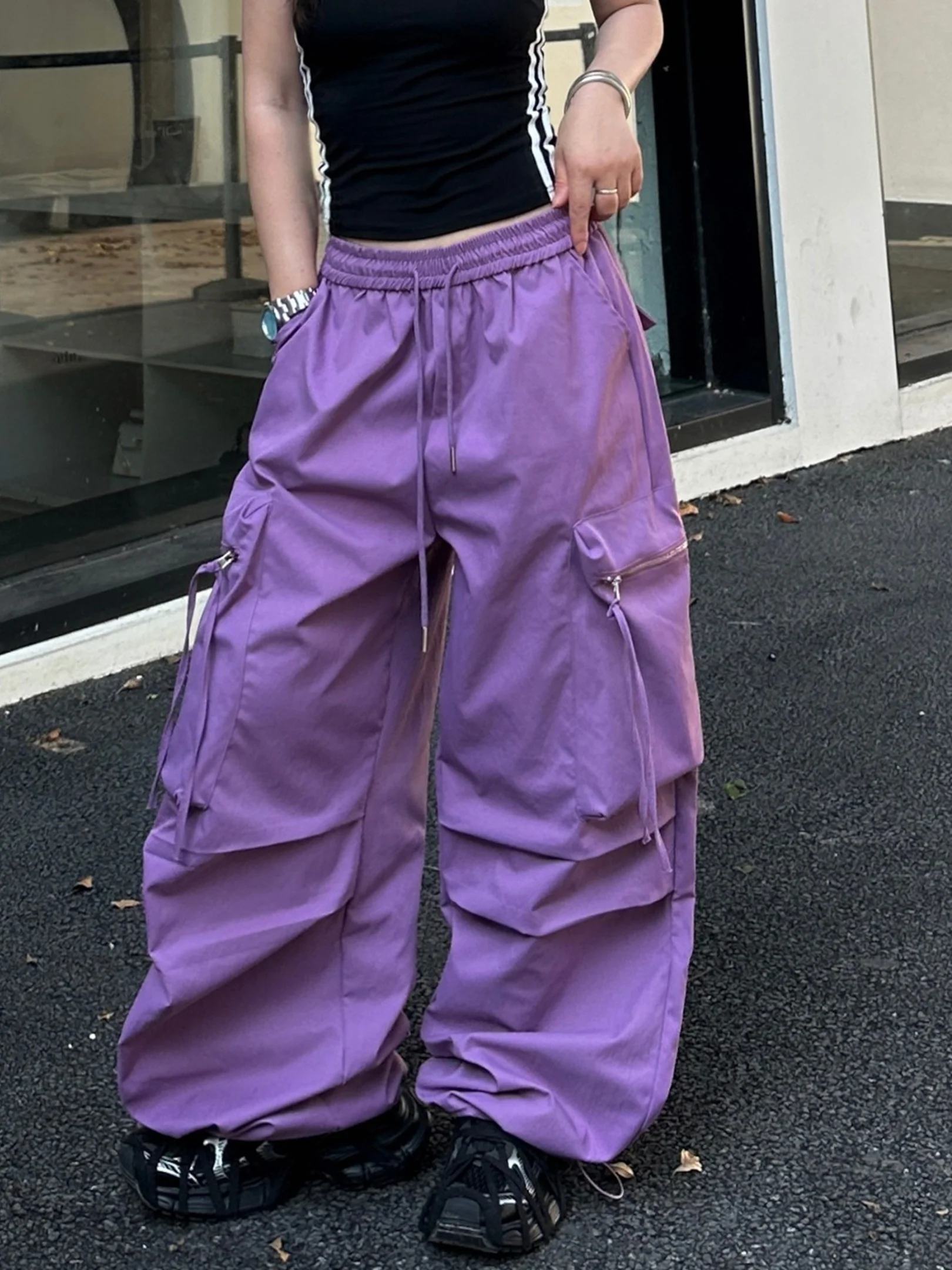 

Новые весенние женские рабочие брюки свободного кроя с эластичным поясом, широкими штанинами, повседневные, для танцев, уличные, в стиле Harlan, с отворотами, длинные