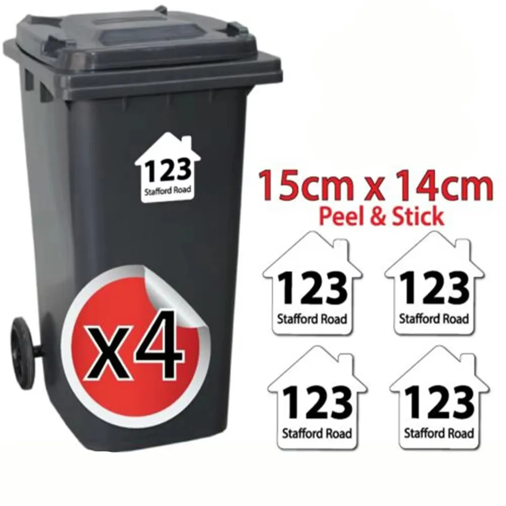 4 x VINYL STICKERS NUMBERS CUSTOM HOUSE NUMBER & ROAD STREET NAME TRASH STICKER