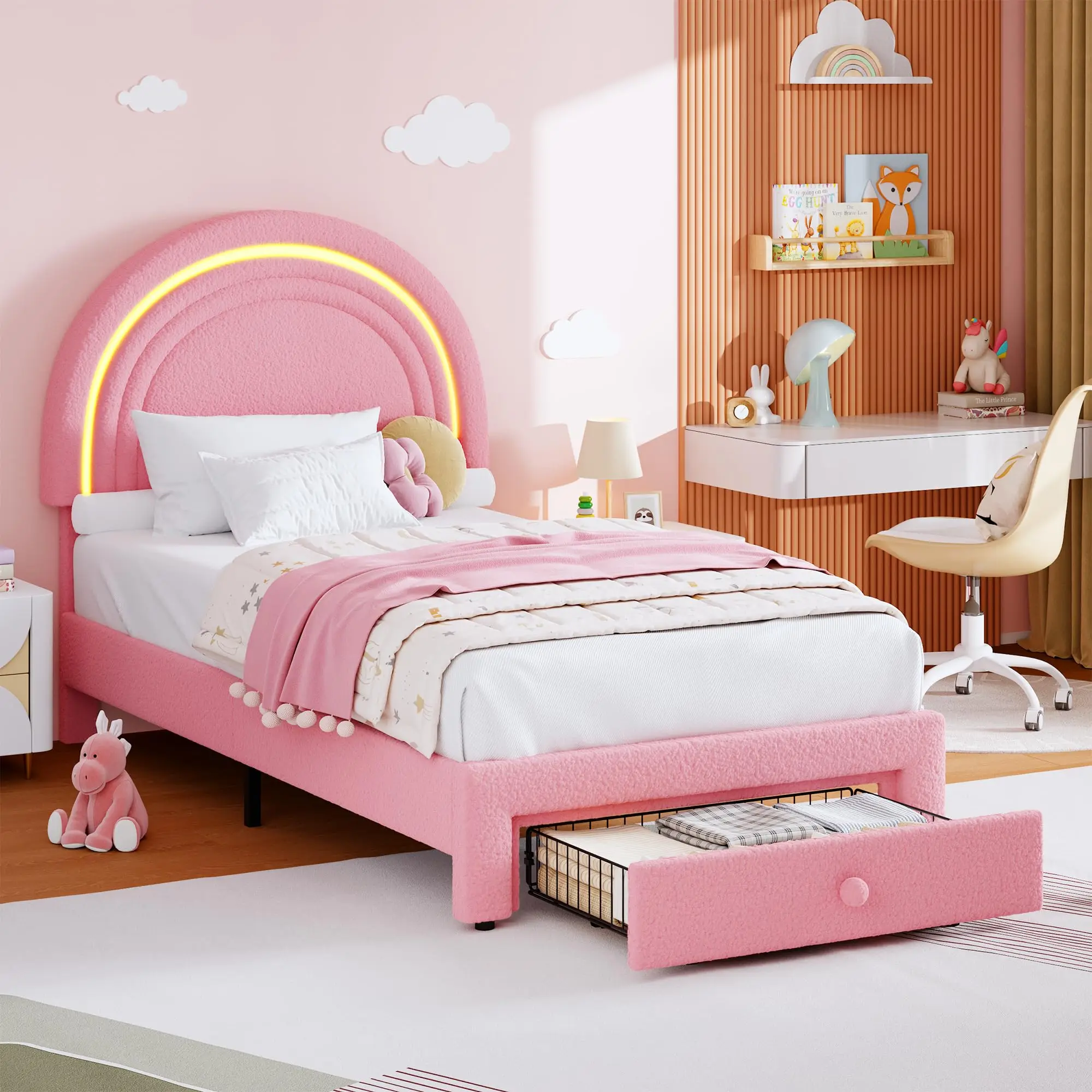 Kids Upholstered Twin Bed Frame - Rainbow LED Headboard, Storage Drawer, Boucle Fabric, Sturdy Wood Slats, Noise-Free, No Box Spring Needed, Easy Assembly