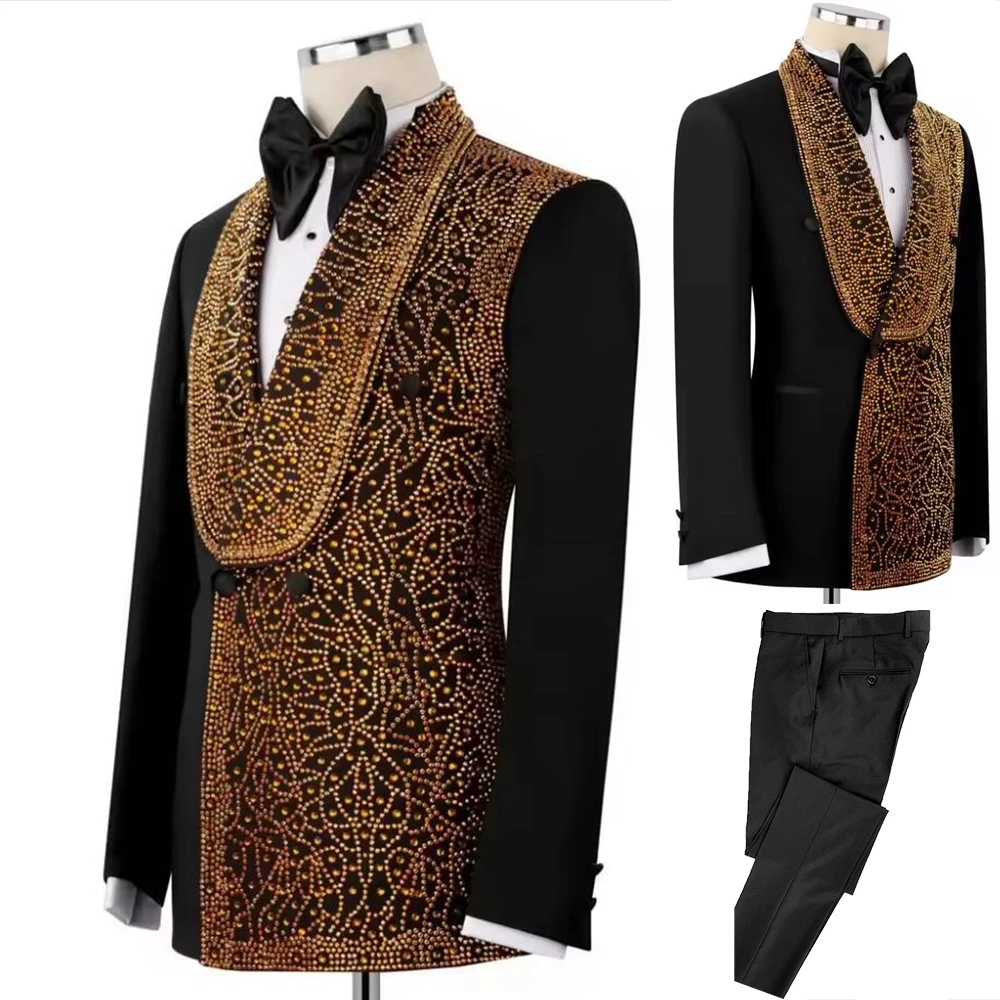 

Handsome Suit Men For Wedding 2 Piece Sets Diamond Beaded Jacket Pants Formal Wear Groom Tuxedo Attire Terno Masculinos Completo