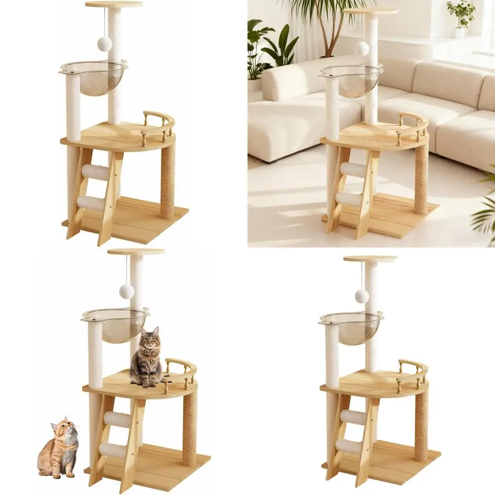 

Элегантная деревянная лежанка-когтеточка для кошек с сизалевыми столбиками, уютными площадками и мягкой тканевой лежанкой для домашних кошек (Натуральный цвет + Белый + МДФ)