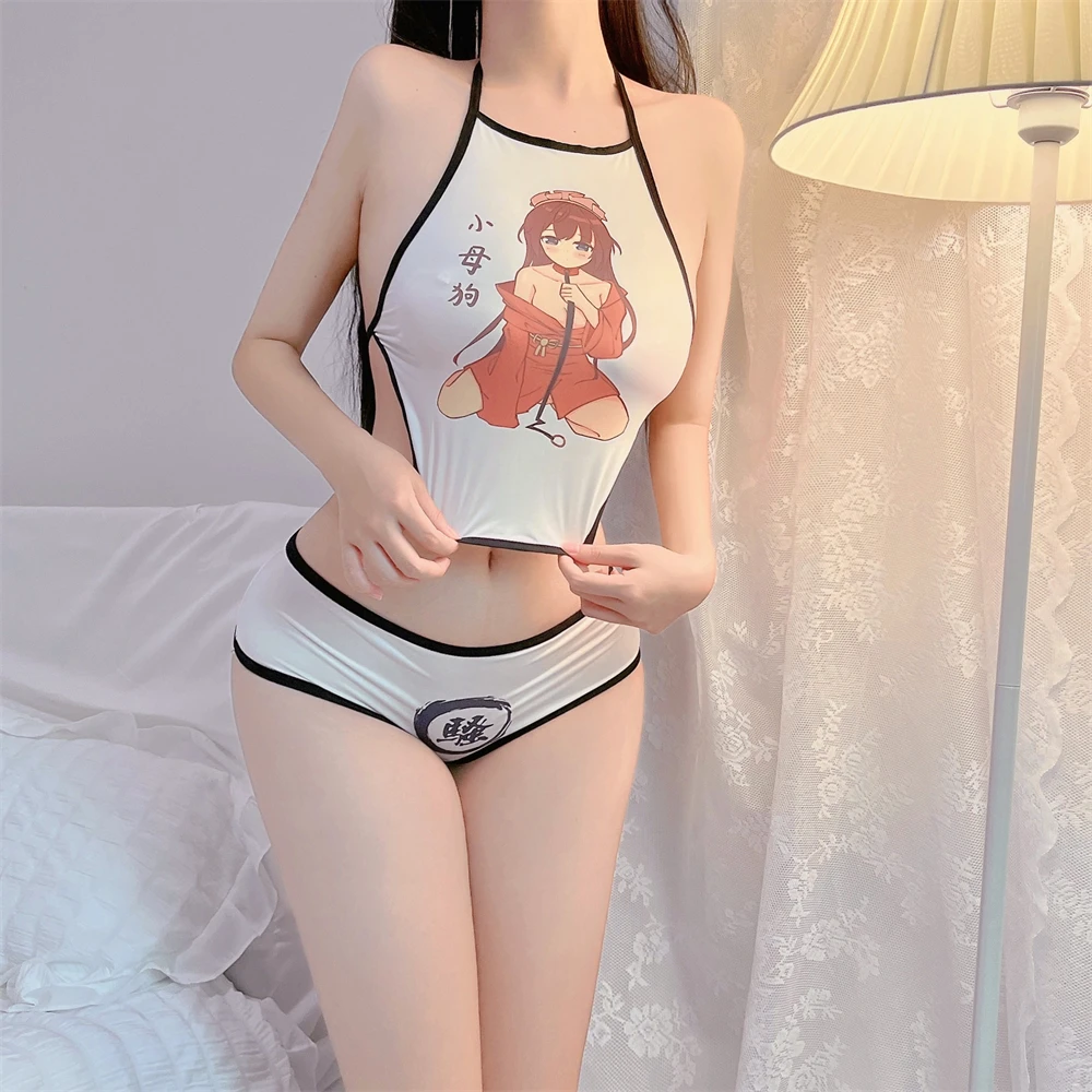 Japanese Lingerie Costume For Women Erotic Halter Crotchless Panties Set Sexy Harajuku Cartoon Pornographic Text Print Underwear