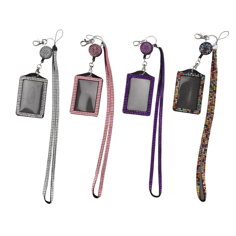 

4 Sets Rhinestone Lanyard ID Card Holder Crystal Retractable Badge Reel Rhinestone Neck Lanyard Card Holder