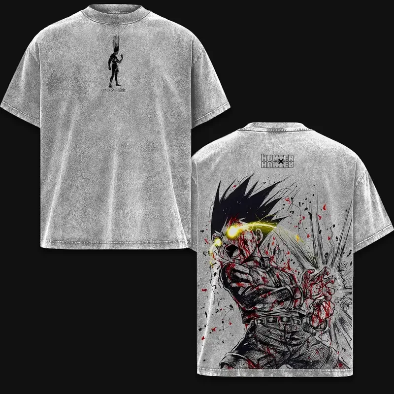 Gon Freecss Hunter X Hunter Clothing Men Short Sleeve Manga T-shirts Vintage Washed T Shirt Casual Cotton Tee Harajuku Tshirt