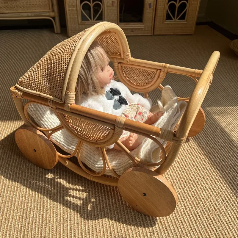 Indonesian newborn baby photo decoration crafts cradle doll handmade real rattan trolley