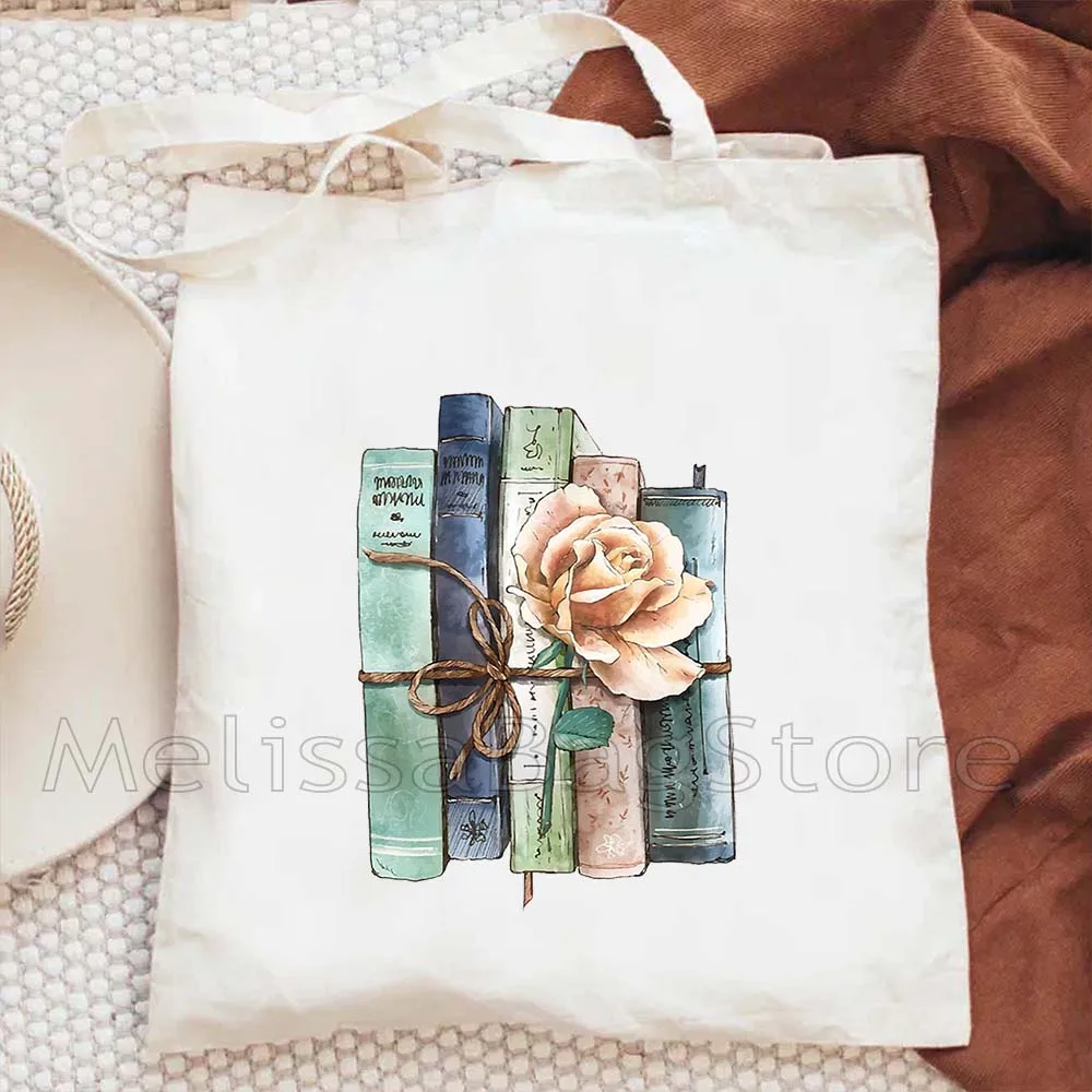 Women Canvas Library Reading Books Canvas Tote Bag Books and Tea Cup Shopping Students Cat Book Cotton Travel BOOKSHOP Handbag view 6