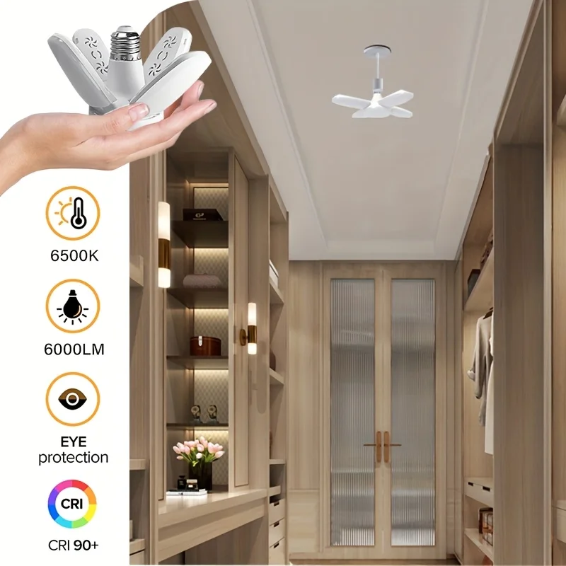 

E27 Складная светодиодная лампа в форме вентилятора 28 Вт AC220 В/110 В Деформация для дома Потолочные светильники Склад и гараж Белый свет Лампа 6500 К