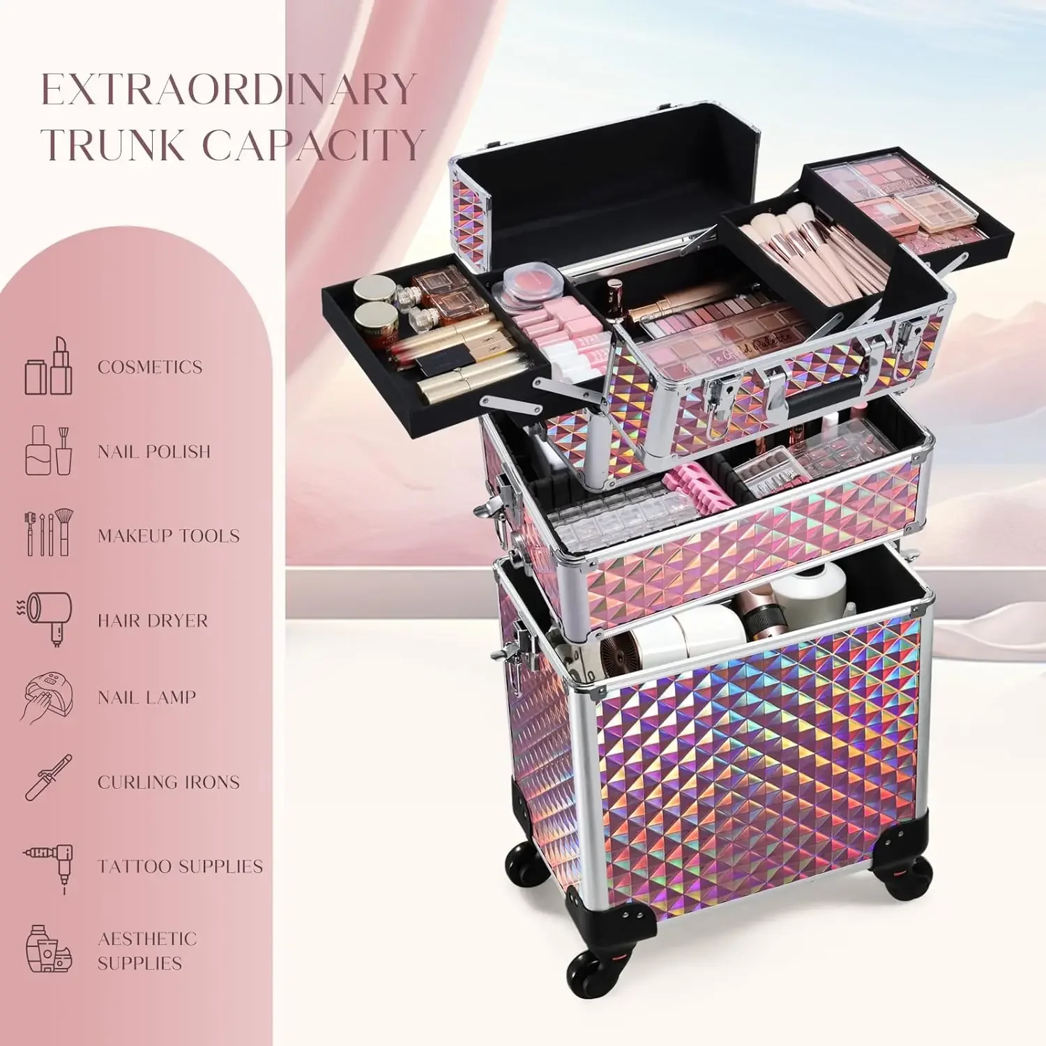 3 in 1 Rolling Makeup Train Case Portable Cosmetic Trolley Large Storage for Professional with 360° Swivel Wheels Salon