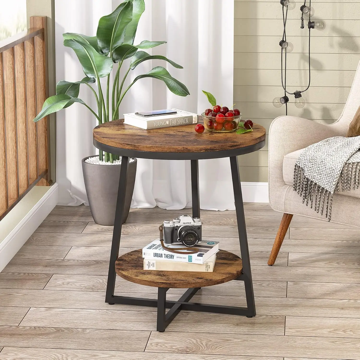 Round End Table Set Of 2 Tier Side Table With Storage Shelf Industrial Nightstand Bedside Table Small Accent Coffee Table For Living Room Bedroom Rustic Brown