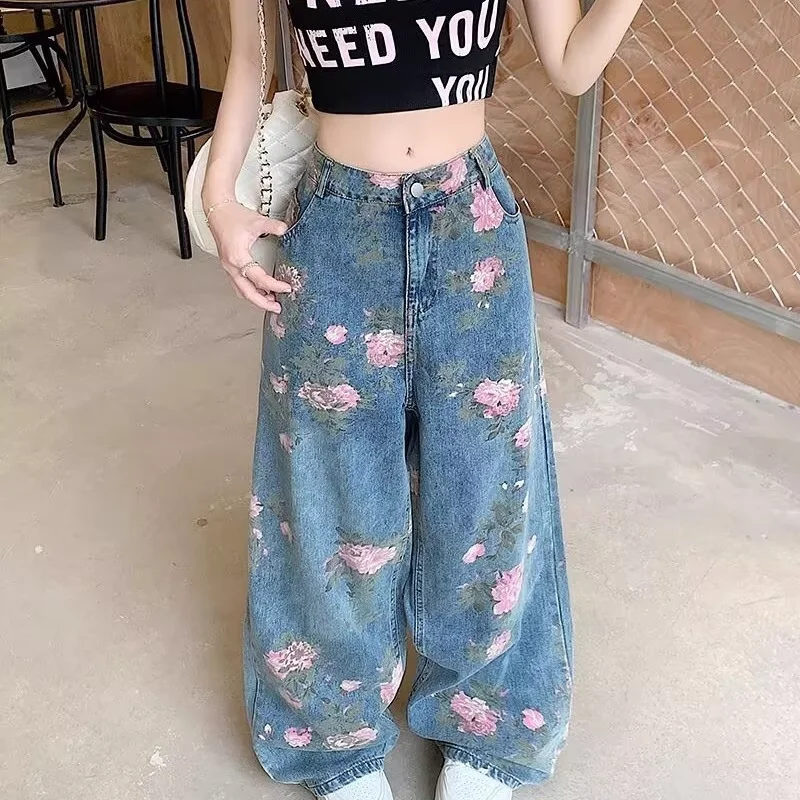 กางเกงยีนส์ลําลองพิมพ์ลายดอกไม้โบราณกางเกงยีนส์ขากว้างสไตล์อินเทรนด์ใหม่