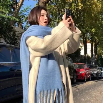 1PC 솔리드 컬러 모조 양모 스카프 여성 럭셔리 두꺼운 목도리 랩 겨울 따뜻한 긴 술 Hijab Foulard Femme 스카프 230*37cm