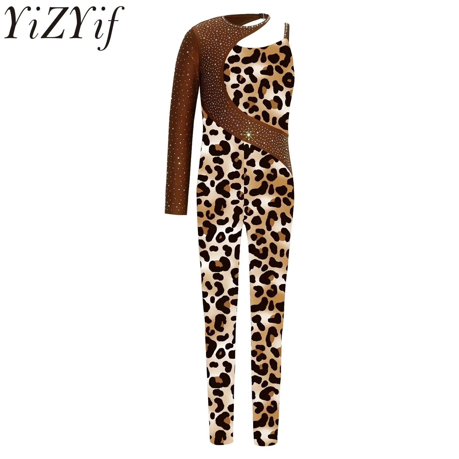 

Kids Girls Rhinestone Printed Gymnastics Workout Dance Jumpsuit for School Dance Team Recital Costume