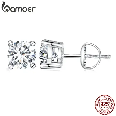 BAMOER 4 프롱 Moissanite 귀걸이 여성용 솔리드 925 스털링 실버 2CT VVS1 Lab 다이아몬드 스파클링 클래식 웨딩 쥬얼리